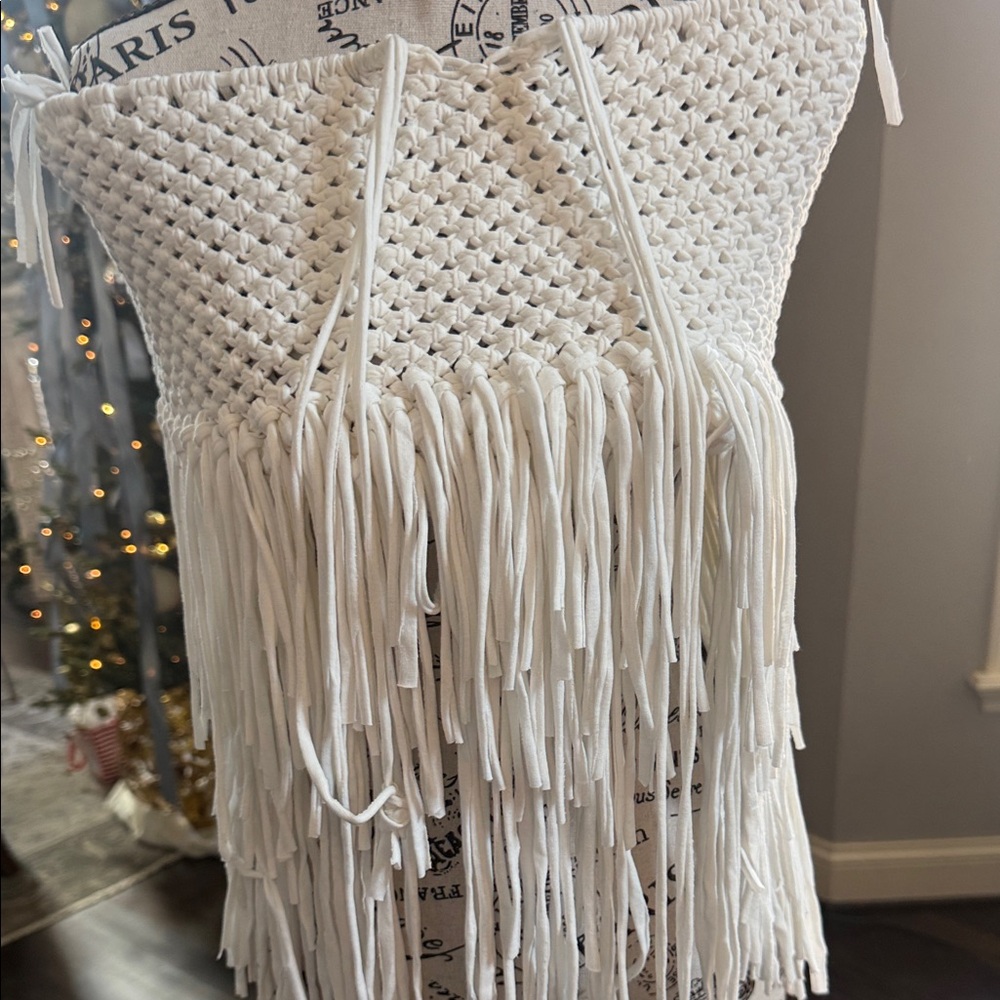 AKIRA Ivory Crochet Fringe Top